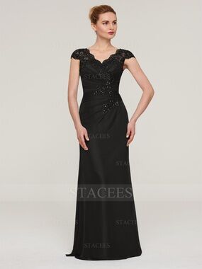 Stacees Black Lace Cap-Sleeve Backless Evening Dress